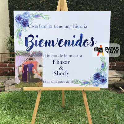 Rótulo de bienvenida con fotografía – Diseño floral